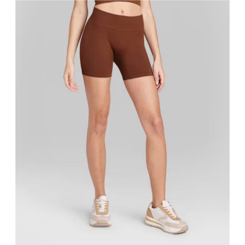 Wild Fable Ribbed High Waisted Ribbed Yoga Shorts S Terracotta Brown Athleisure